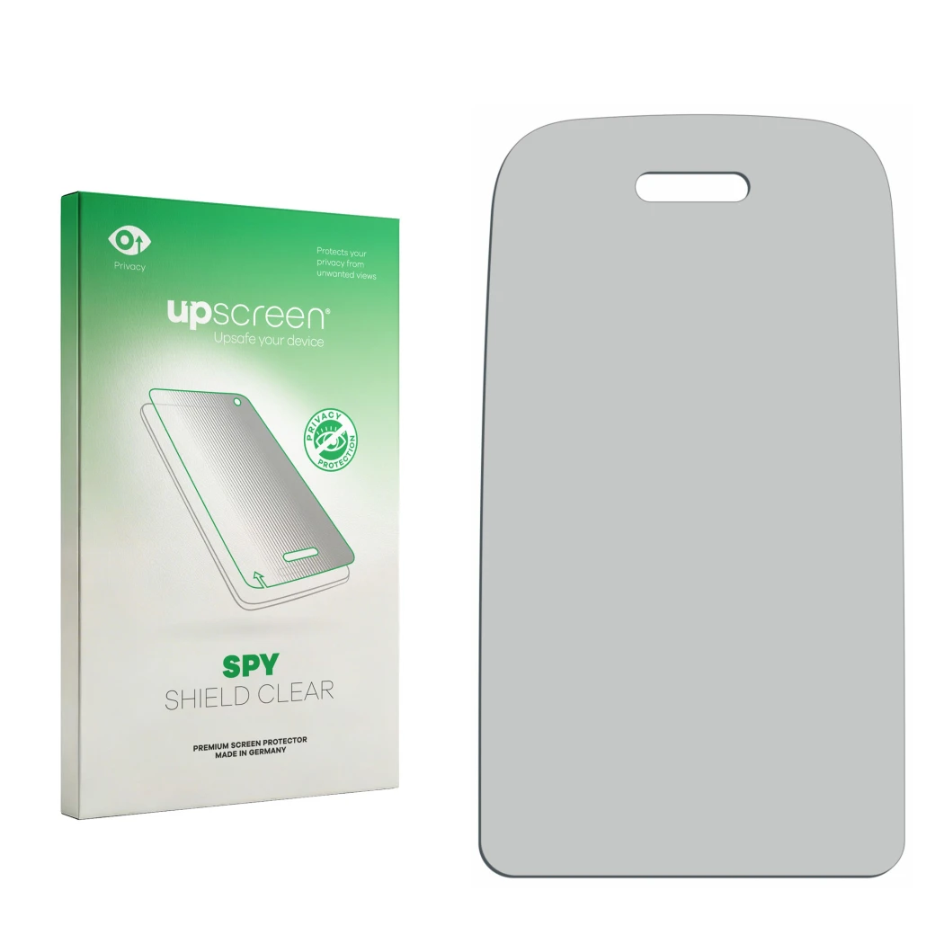 Parte frontal de un envase de producto con el logotipo de la marca upscreen. Al lado está el protector de pantalla correspondi