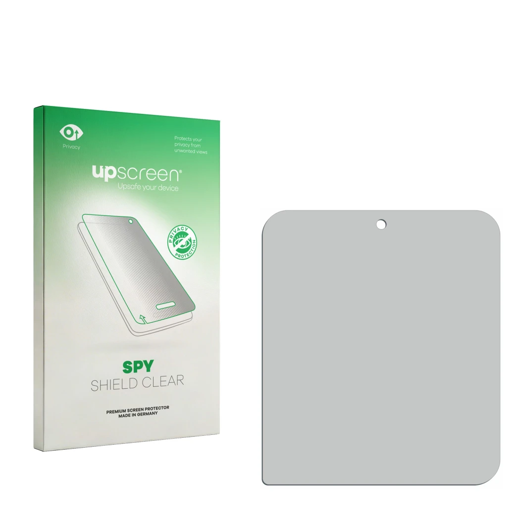 Parte frontal de un envase de producto con el logotipo de la marca upscreen. Al lado está el protector de pantalla correspondi
