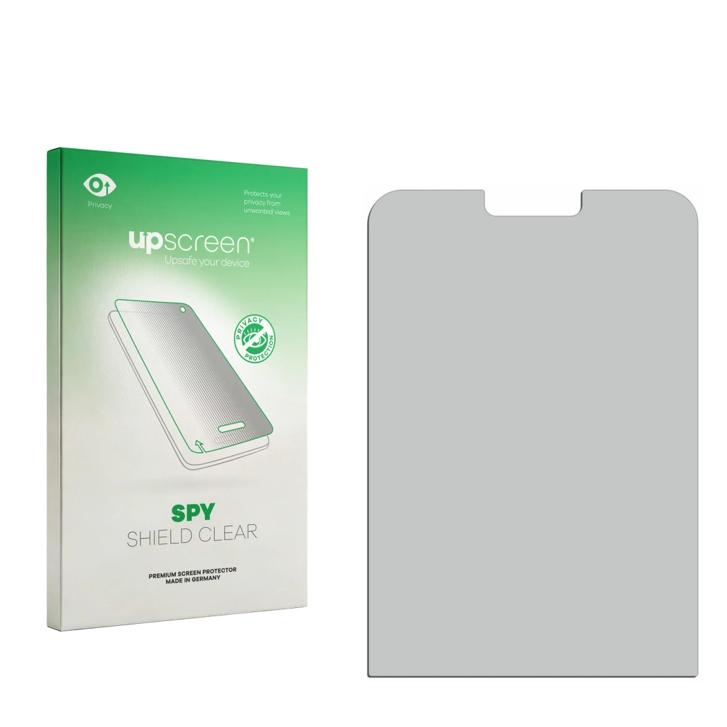 Parte frontal de un envase de producto con el logotipo de la marca upscreen. Al lado está el protector de pantalla correspondi