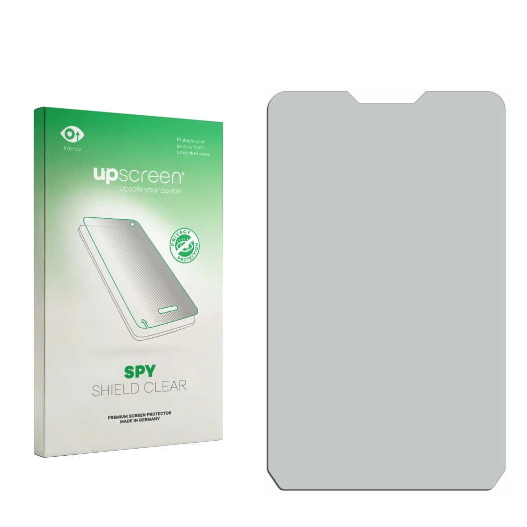 Parte frontal de un envase de producto con el logotipo de la marca upscreen. Al lado está el protector de pantalla correspondi