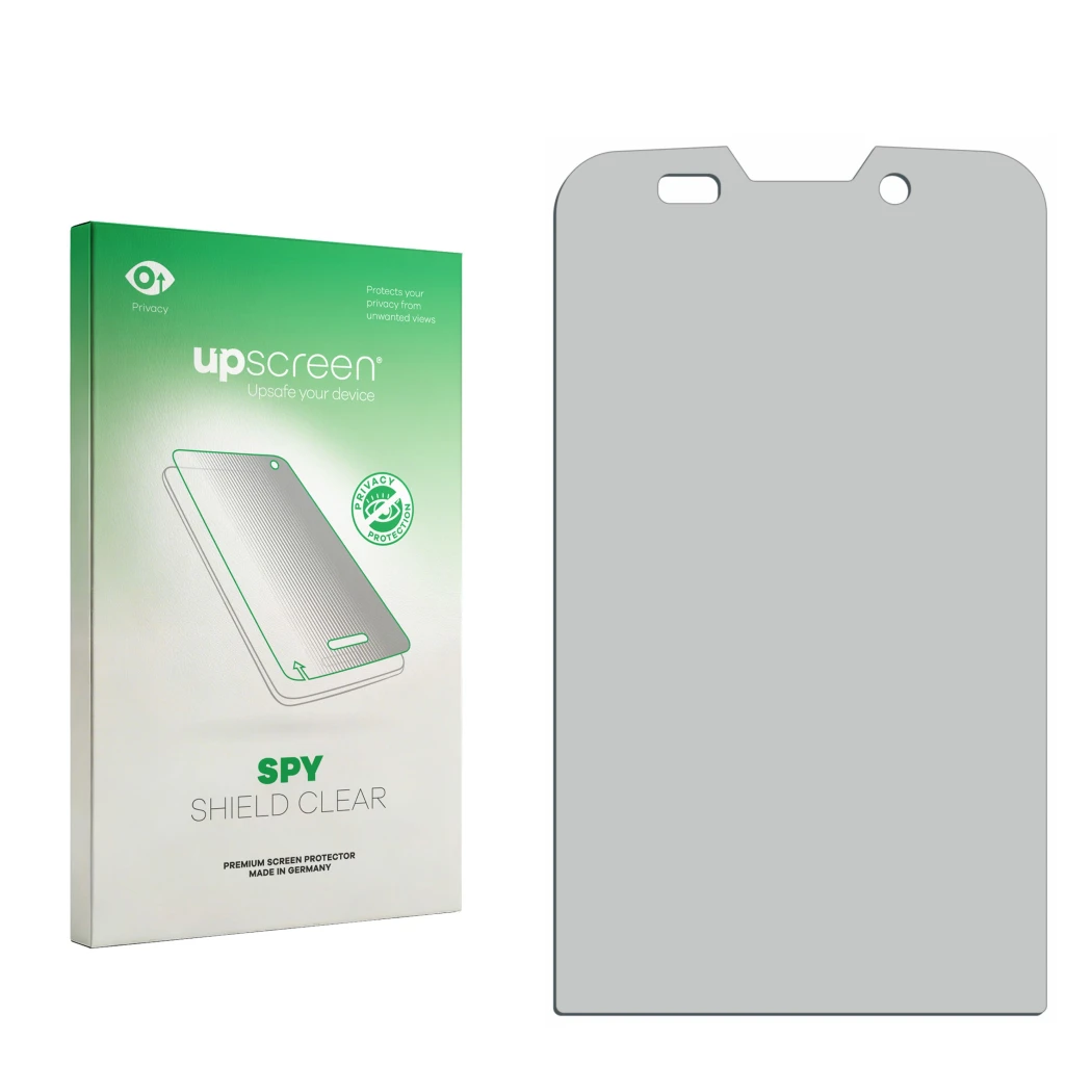 Parte frontal de un envase de producto con el logotipo de la marca upscreen. Al lado está el protector de pantalla correspondi