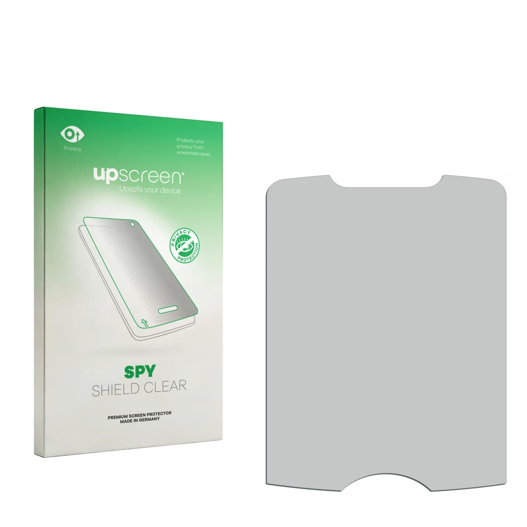 Parte frontal de un envase de producto con el logotipo de la marca upscreen. Al lado está el protector de pantalla correspondi