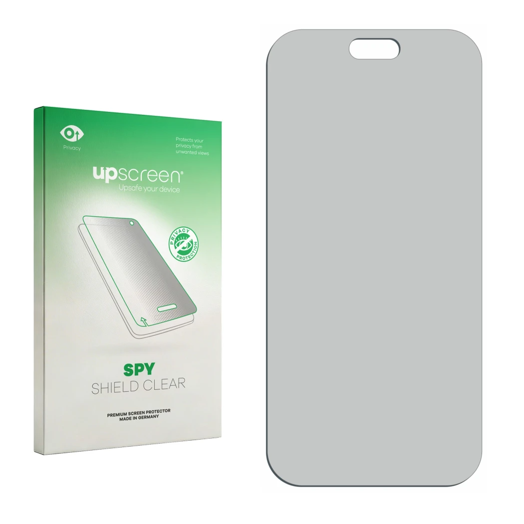 Parte frontal de un envase de producto con el logotipo de la marca upscreen. Al lado está el protector de pantalla correspondi