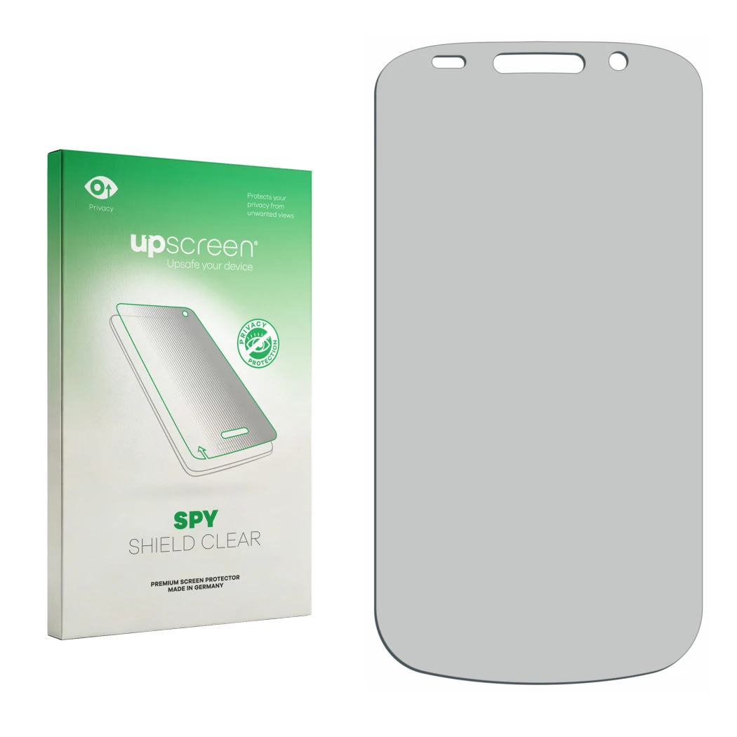 Parte frontal de un envase de producto con el logotipo de la marca upscreen. Al lado está el protector de pantalla correspondi