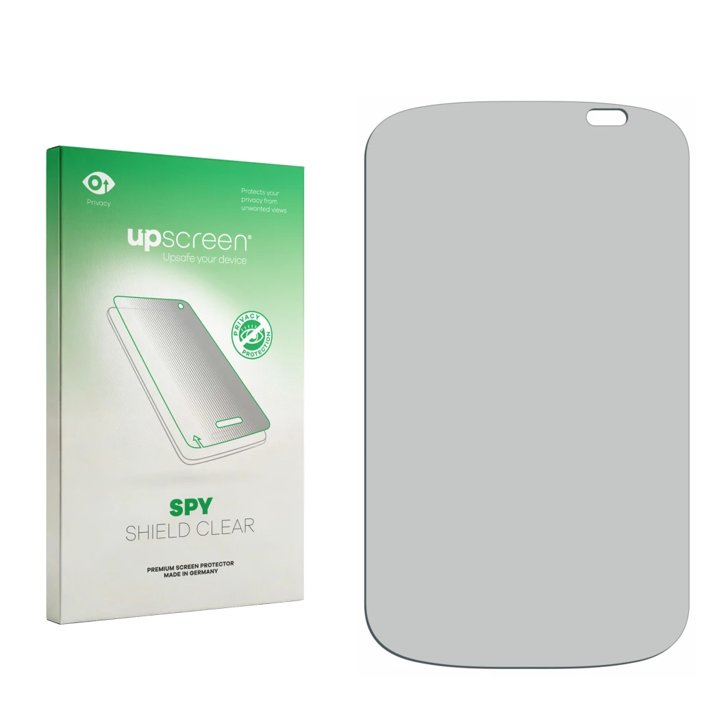 Parte frontal de un envase de producto con el logotipo de la marca upscreen. Al lado está el protector de pantalla correspondi
