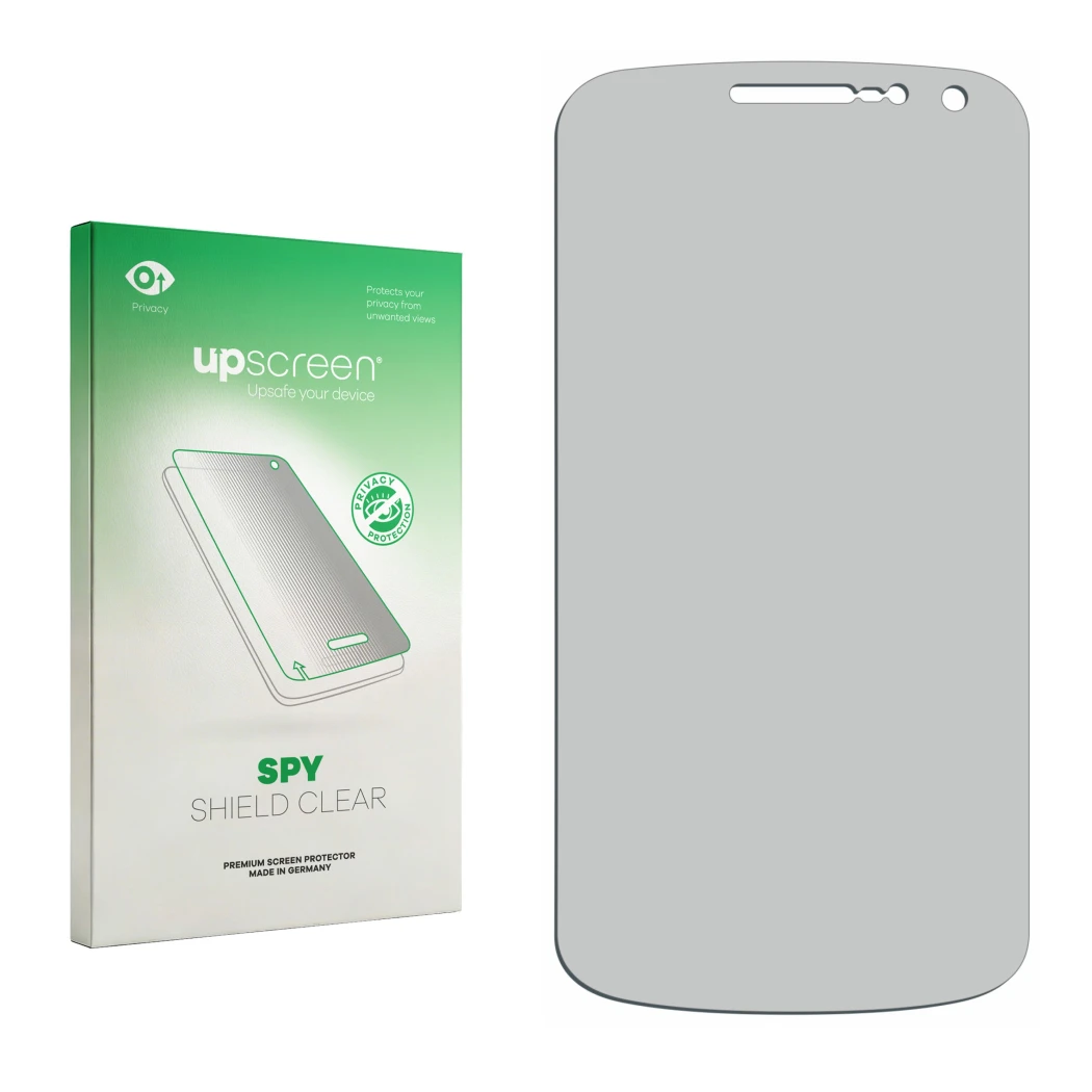 Parte frontal de un envase de producto con el logotipo de la marca upscreen. Al lado está el protector de pantalla correspondi