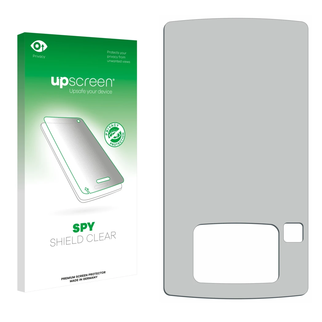 Parte frontal de un envase de producto con el logotipo de la marca upscreen. Al lado está el protector de pantalla correspondi