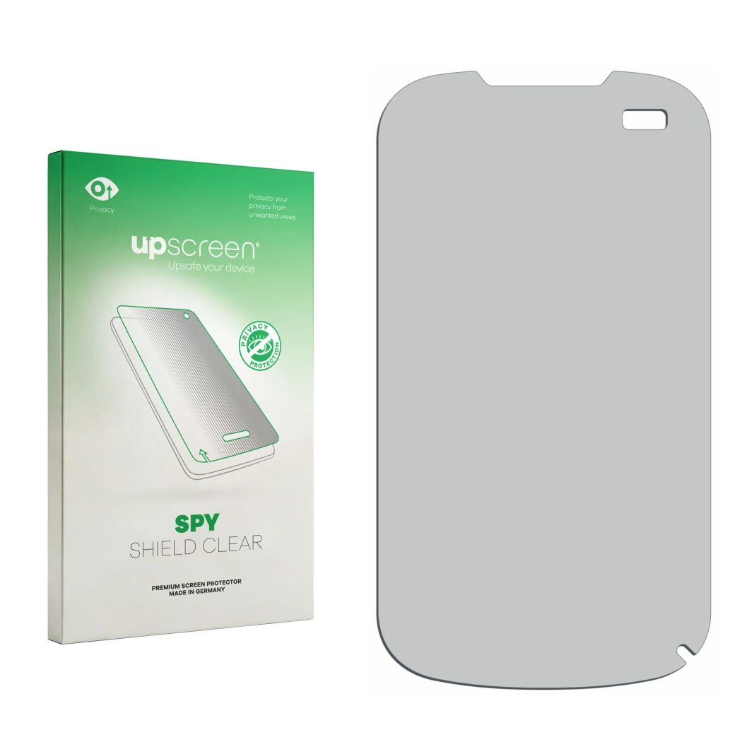 Parte frontal de un envase de producto con el logotipo de la marca upscreen. Al lado está el protector de pantalla correspondi