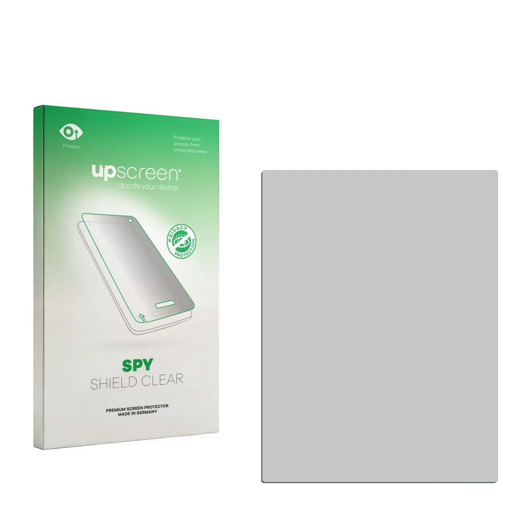 Parte frontal de un envase de producto con el logotipo de la marca upscreen. Al lado está el protector de pantalla correspondi