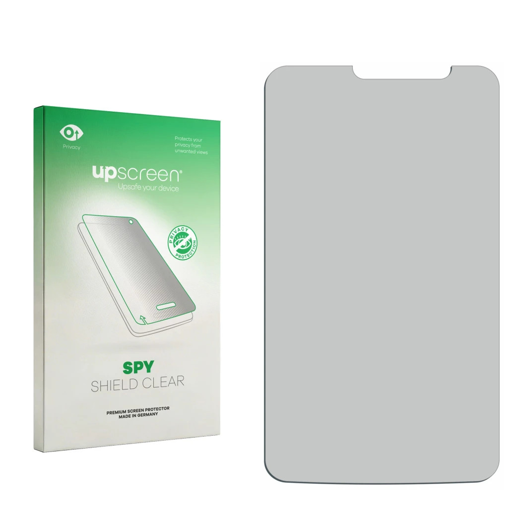 Parte frontal de un envase de producto con el logotipo de la marca upscreen. Al lado está el protector de pantalla correspondi