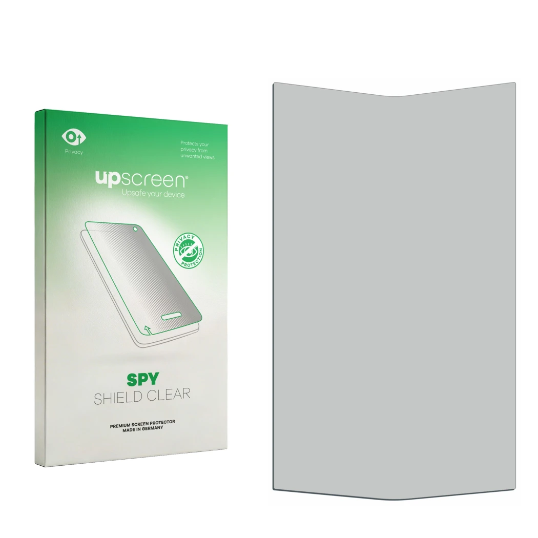 Parte frontal de un envase de producto con el logotipo de la marca upscreen. Al lado está el protector de pantalla correspondi