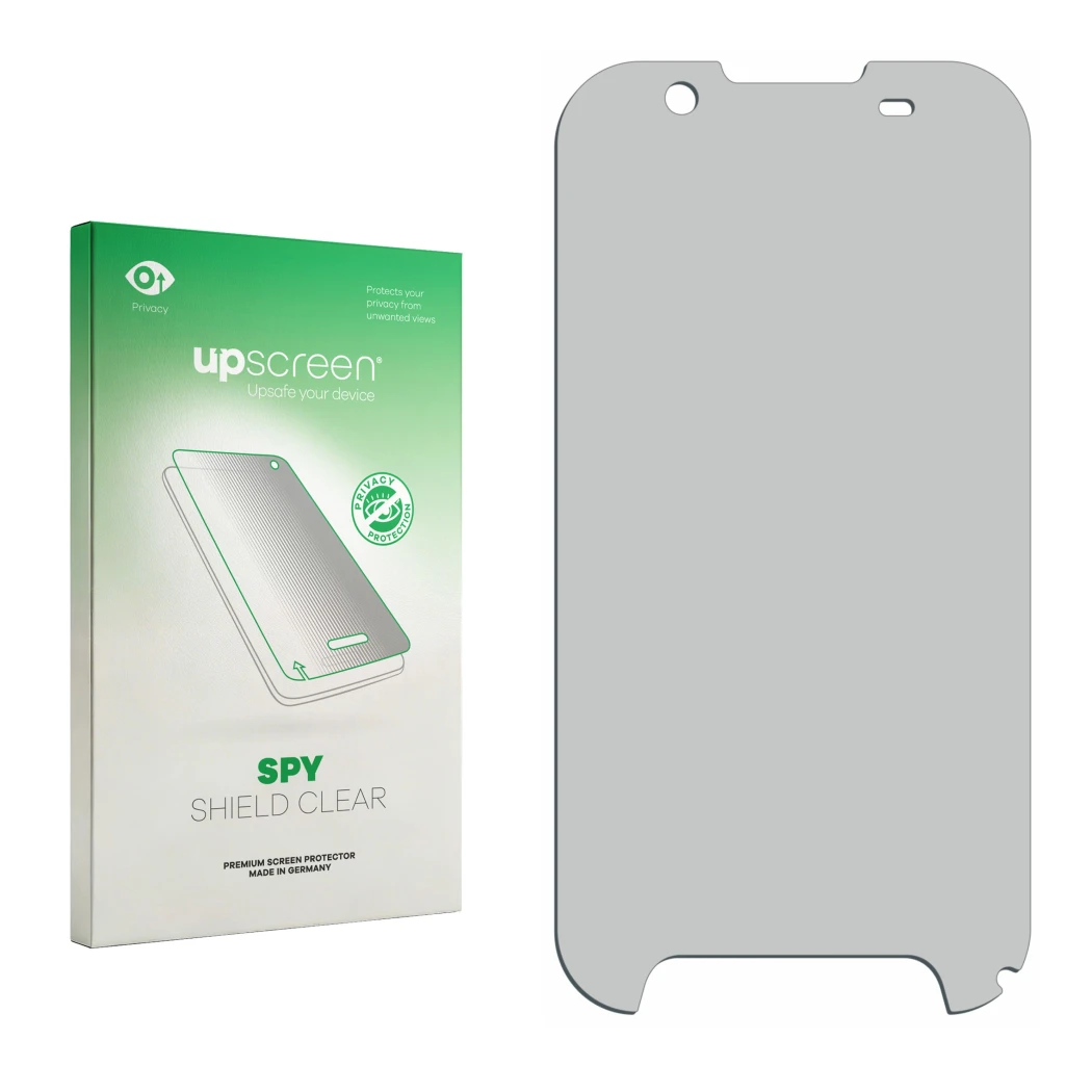 Parte frontal de un envase de producto con el logotipo de la marca upscreen. Al lado está el protector de pantalla correspondi