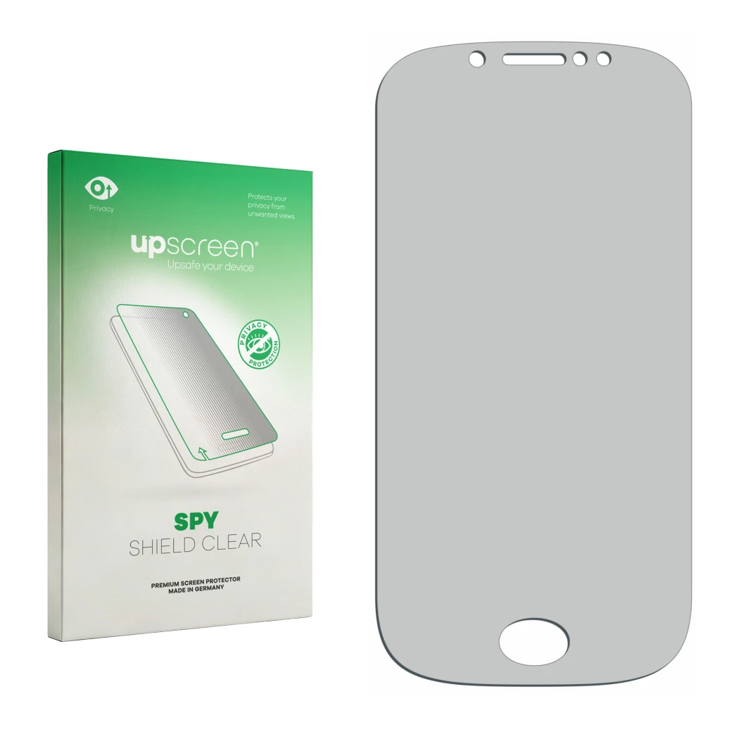Parte frontal de un envase de producto con el logotipo de la marca upscreen. Al lado está el protector de pantalla correspondi