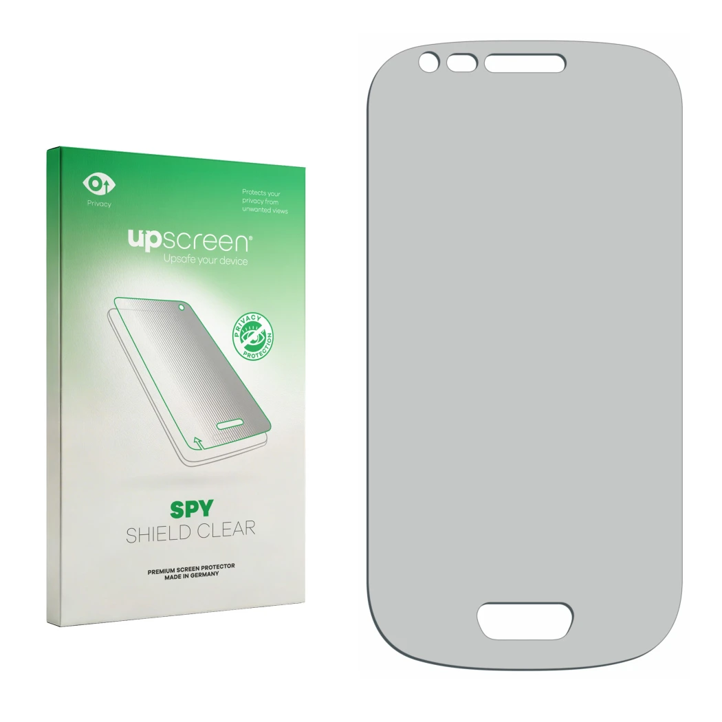 Parte frontal de un envase de producto con el logotipo de la marca upscreen. Al lado está el protector de pantalla correspondi