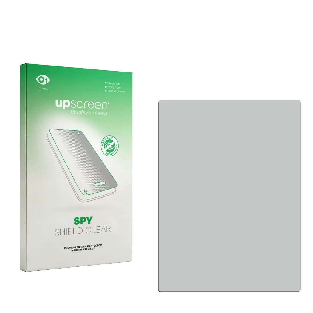 Parte frontal de un envase de producto con el logotipo de la marca upscreen. Al lado está el protector de pantalla correspondi