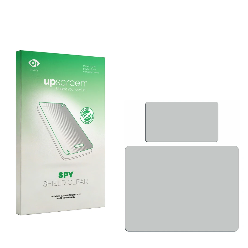 Parte frontal de un envase de producto con el logotipo de la marca upscreen. Al lado está el protector de pantalla correspondi