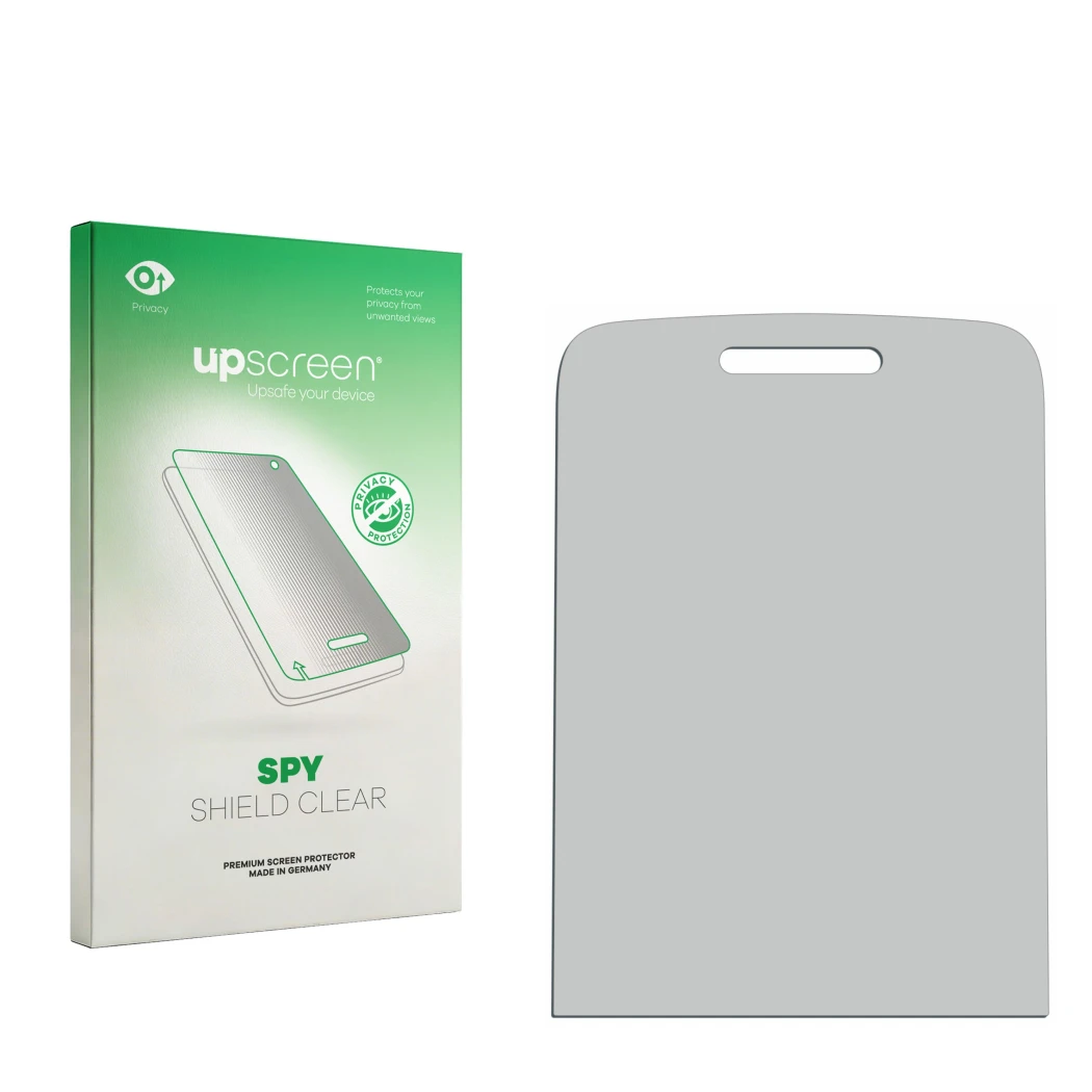 Parte frontal de un envase de producto con el logotipo de la marca upscreen. Al lado está el protector de pantalla correspondi