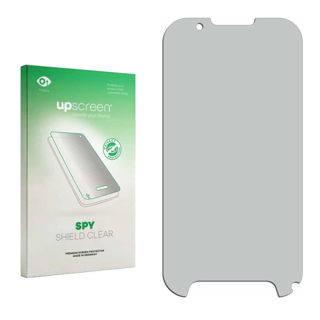 Parte frontal de un envase de producto con el logotipo de la marca upscreen. Al lado está el protector de pantalla correspondi
