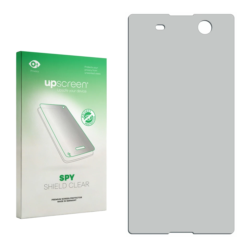 Parte frontal de un envase de producto con el logotipo de la marca upscreen. Al lado está el protector de pantalla correspondi