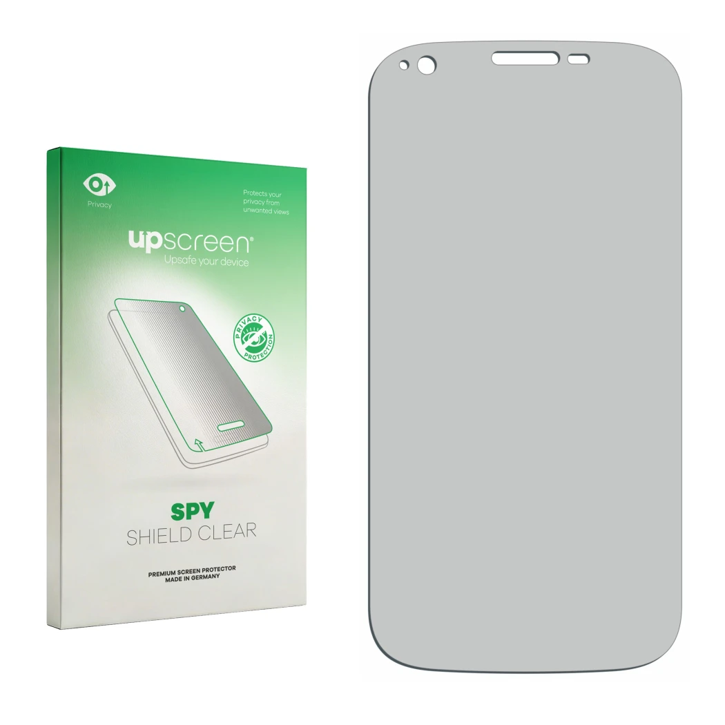 Parte frontal de un envase de producto con el logotipo de la marca upscreen. Al lado está el protector de pantalla correspondi