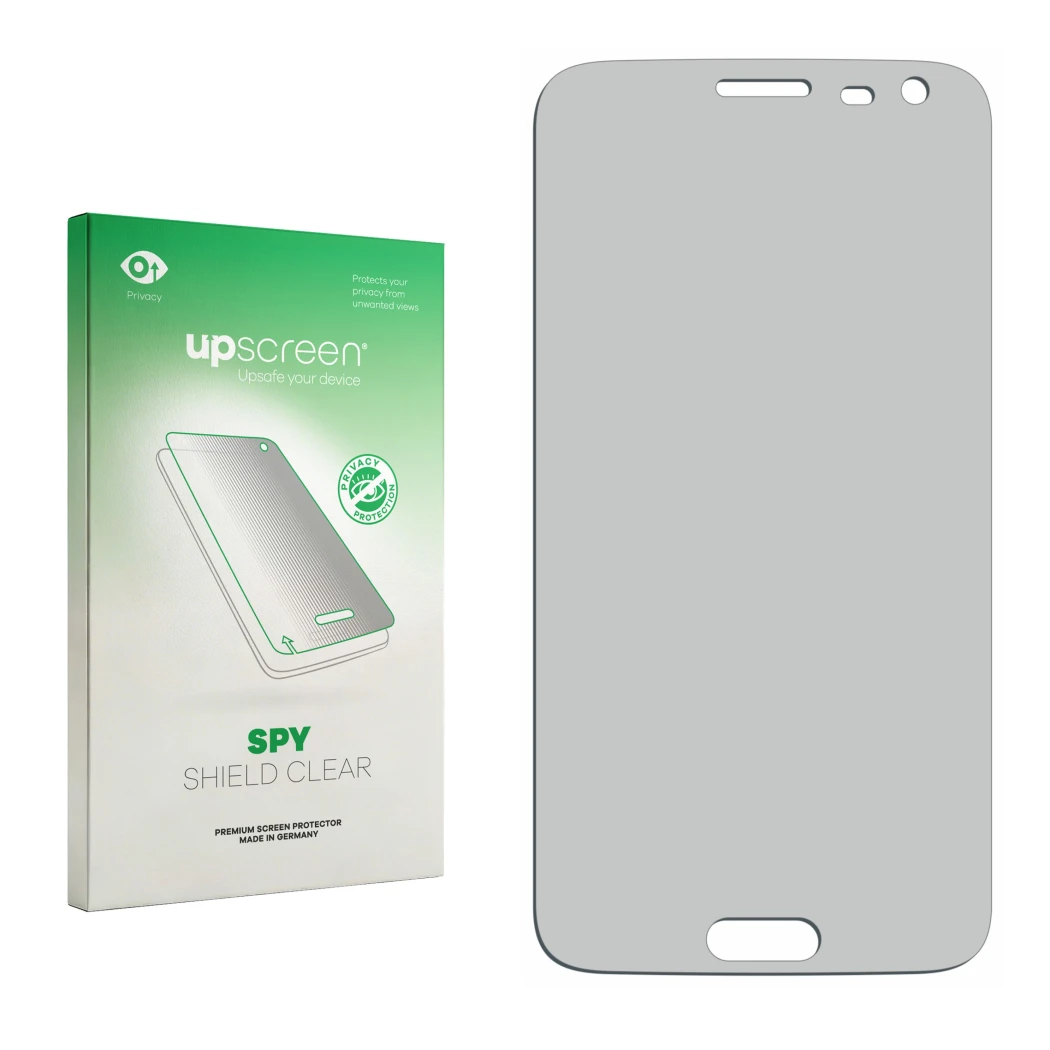 Parte frontal de un envase de producto con el logotipo de la marca upscreen. Al lado está el protector de pantalla correspondi