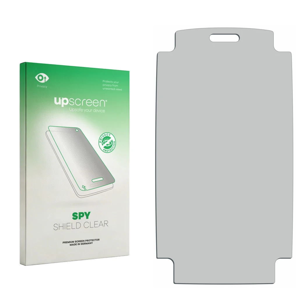 Parte frontal de un envase de producto con el logotipo de la marca upscreen. Al lado está el protector de pantalla correspondi