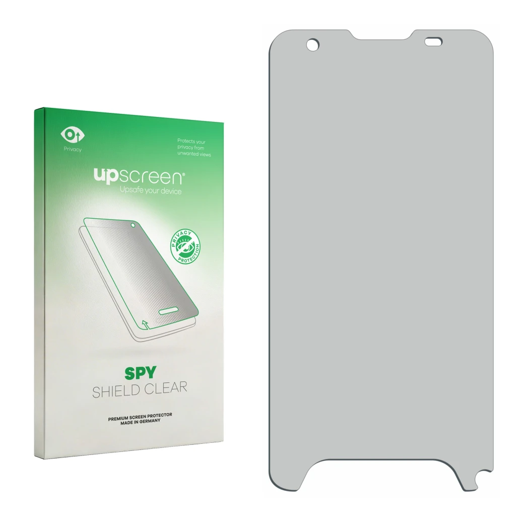 Parte frontal de un envase de producto con el logotipo de la marca upscreen. Al lado está el protector de pantalla correspondi