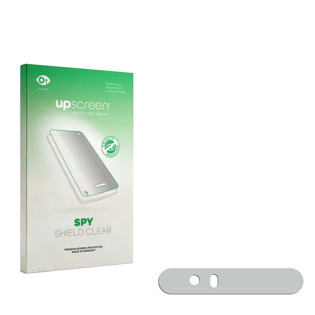 Parte frontal de un envase de producto con el logotipo de la marca upscreen. Al lado está el protector de pantalla correspondi