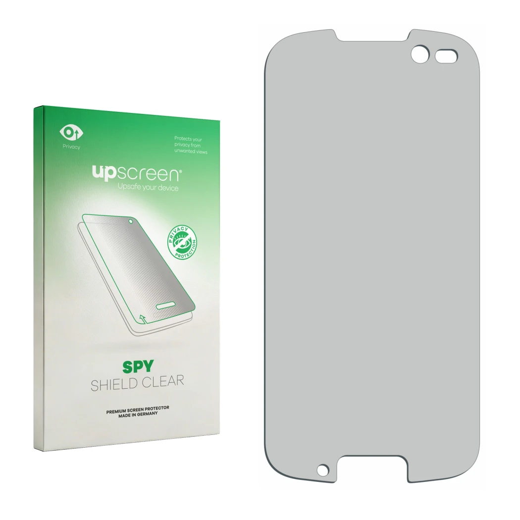 Parte frontal de un envase de producto con el logotipo de la marca upscreen. Al lado está el protector de pantalla correspondi