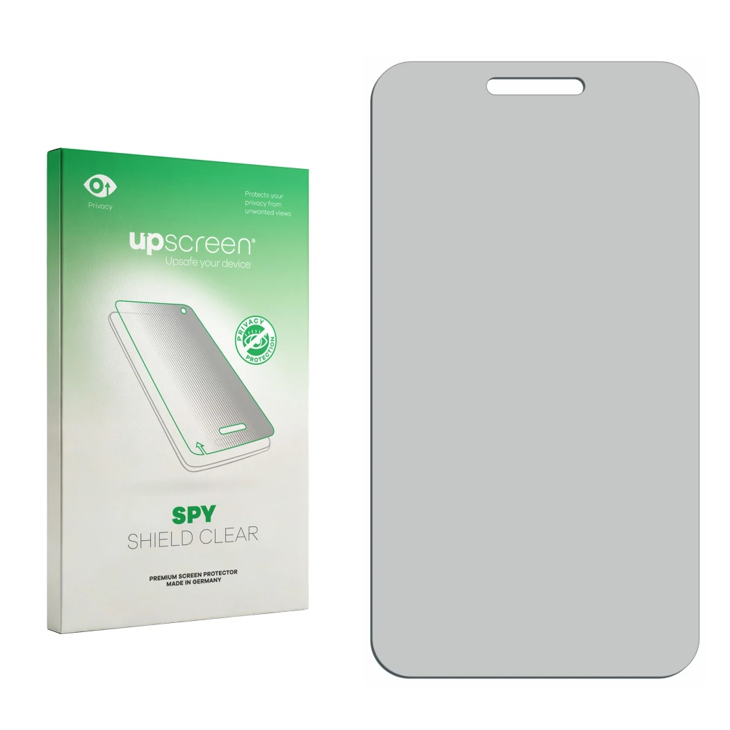 Parte frontal de un envase de producto con el logotipo de la marca upscreen. Al lado está el protector de pantalla correspondi
