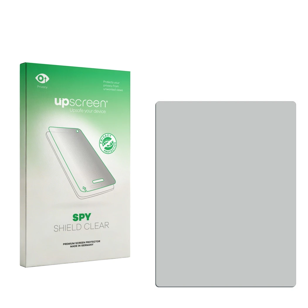 Parte frontal de un envase de producto con el logotipo de la marca upscreen. Al lado está el protector de pantalla correspondi