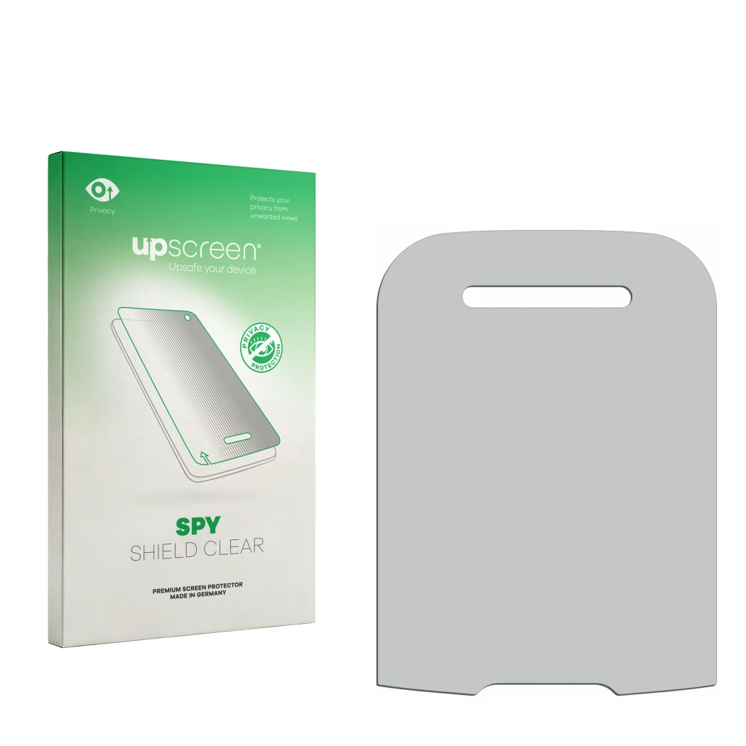 Parte frontal de un envase de producto con el logotipo de la marca upscreen. Al lado está el protector de pantalla correspondi