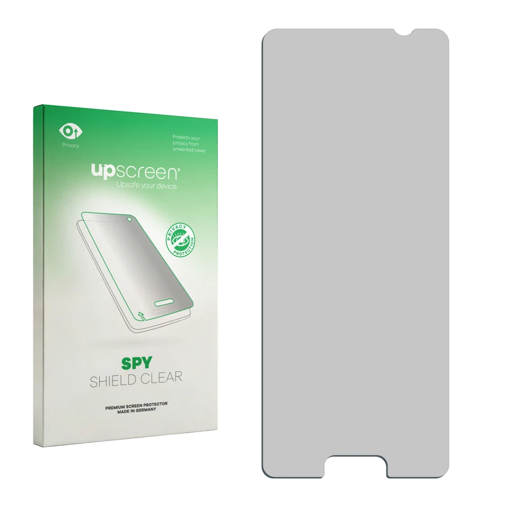 Parte frontal de un envase de producto con el logotipo de la marca upscreen. Al lado está el protector de pantalla correspondi