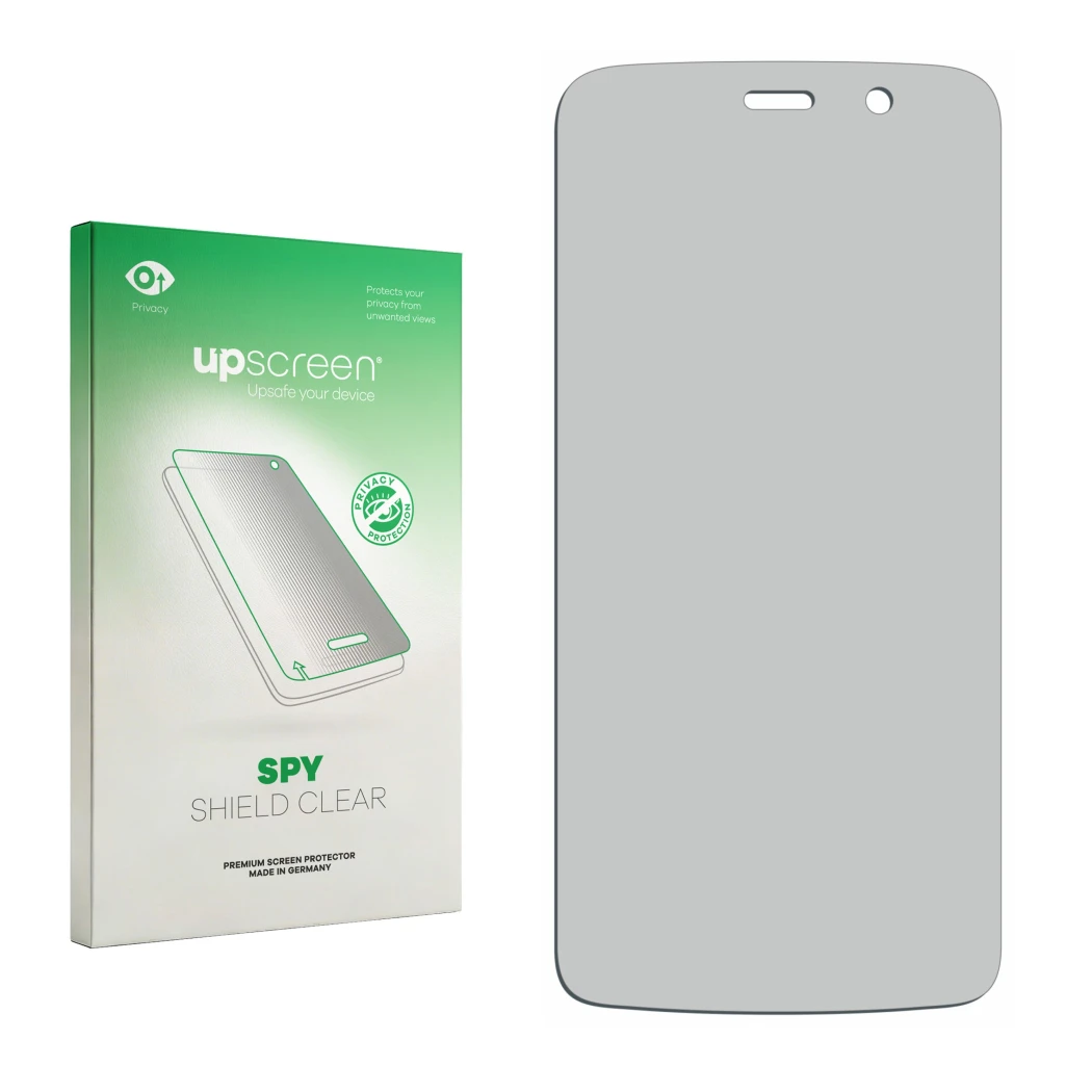 Parte frontal de un envase de producto con el logotipo de la marca upscreen. Al lado está el protector de pantalla correspondi