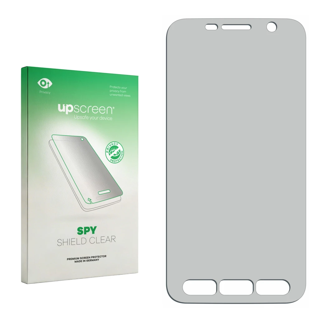 Parte frontal de un envase de producto con el logotipo de la marca upscreen. Al lado está el protector de pantalla correspondi