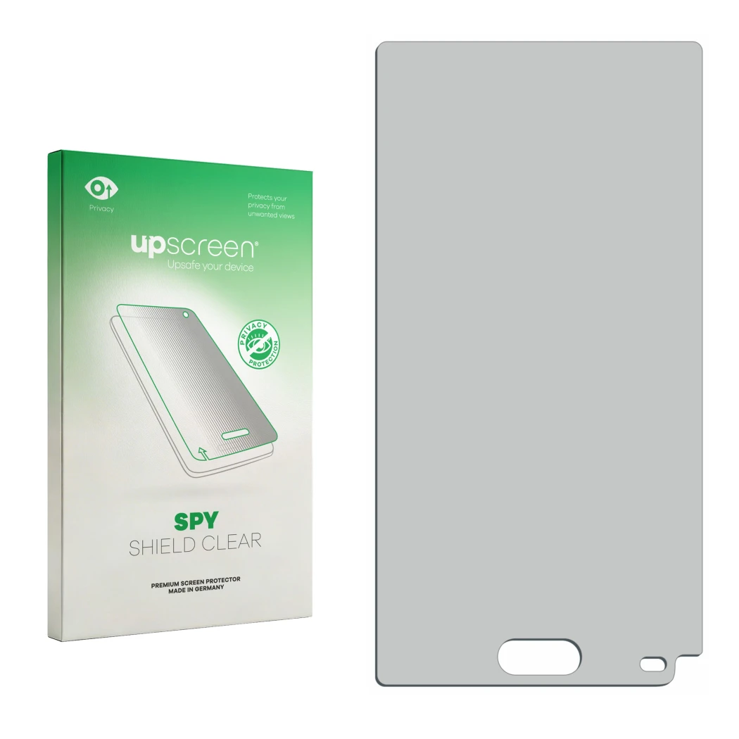 Parte frontal de un envase de producto con el logotipo de la marca upscreen. Al lado está el protector de pantalla correspondi