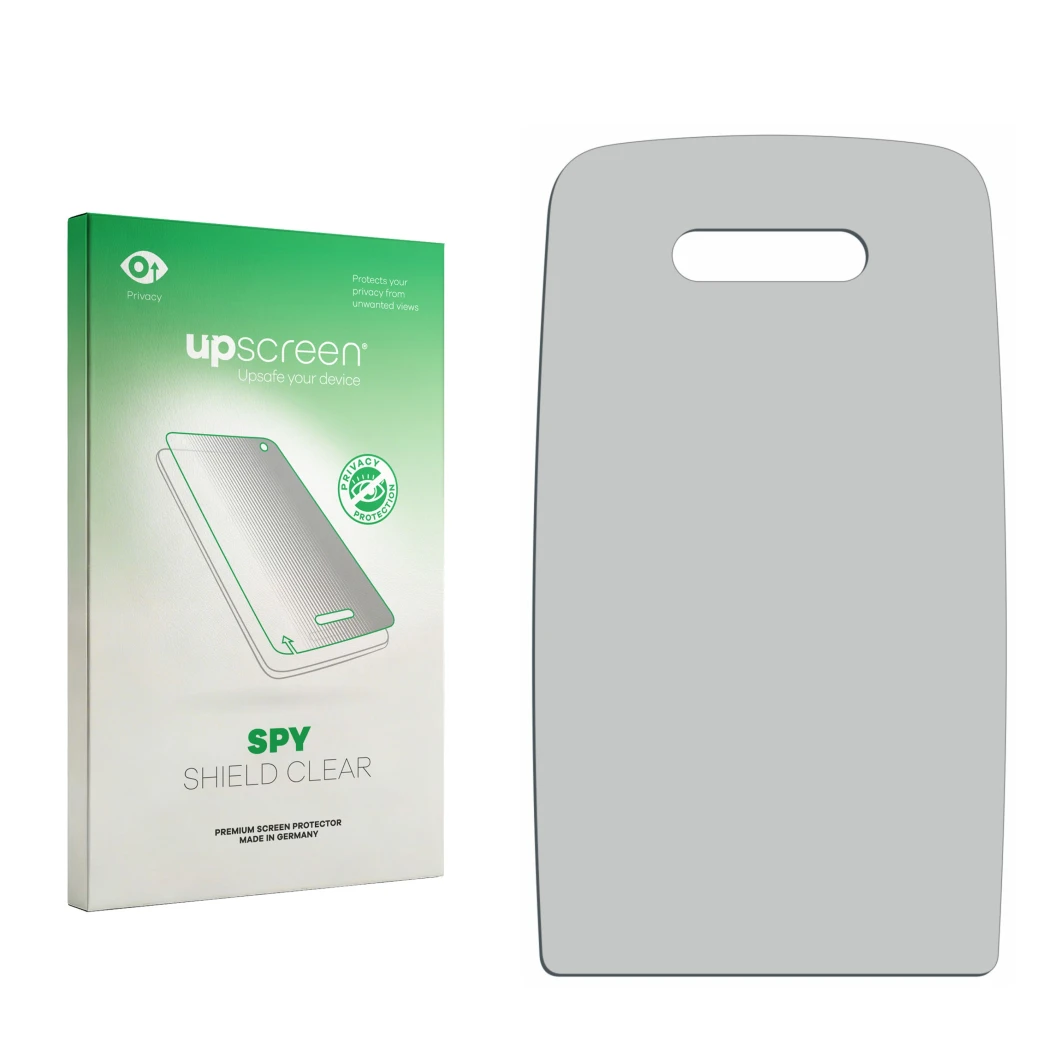 Parte frontal de un envase de producto con el logotipo de la marca upscreen. Al lado está el protector de pantalla correspondi