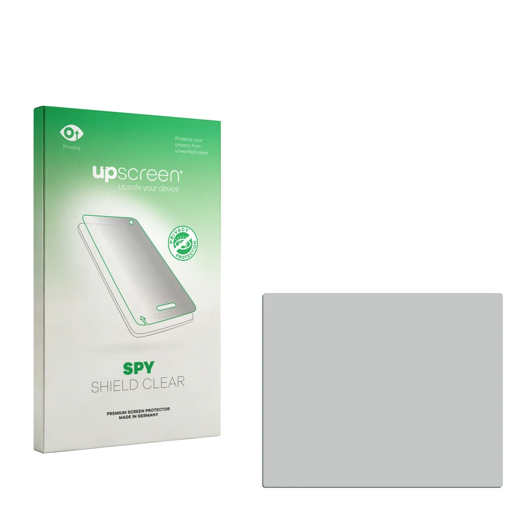 Parte frontal de un envase de producto con el logotipo de la marca upscreen. Al lado está el protector de pantalla correspondi