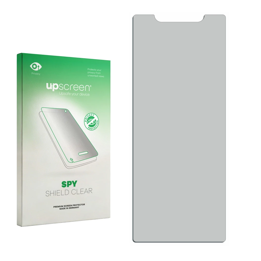Parte frontal de un envase de producto con el logotipo de la marca upscreen. Al lado está el protector de pantalla correspondi