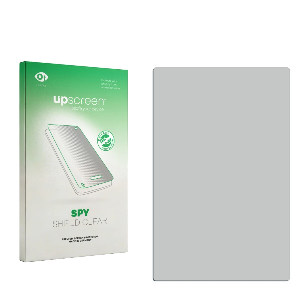 Parte frontal de un envase de producto con el logotipo de la marca upscreen. Al lado está el protector de pantalla correspondi
