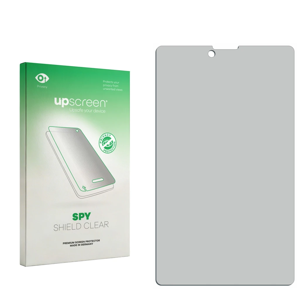 Parte frontal de un envase de producto con el logotipo de la marca upscreen. Al lado está el protector de pantalla correspondi