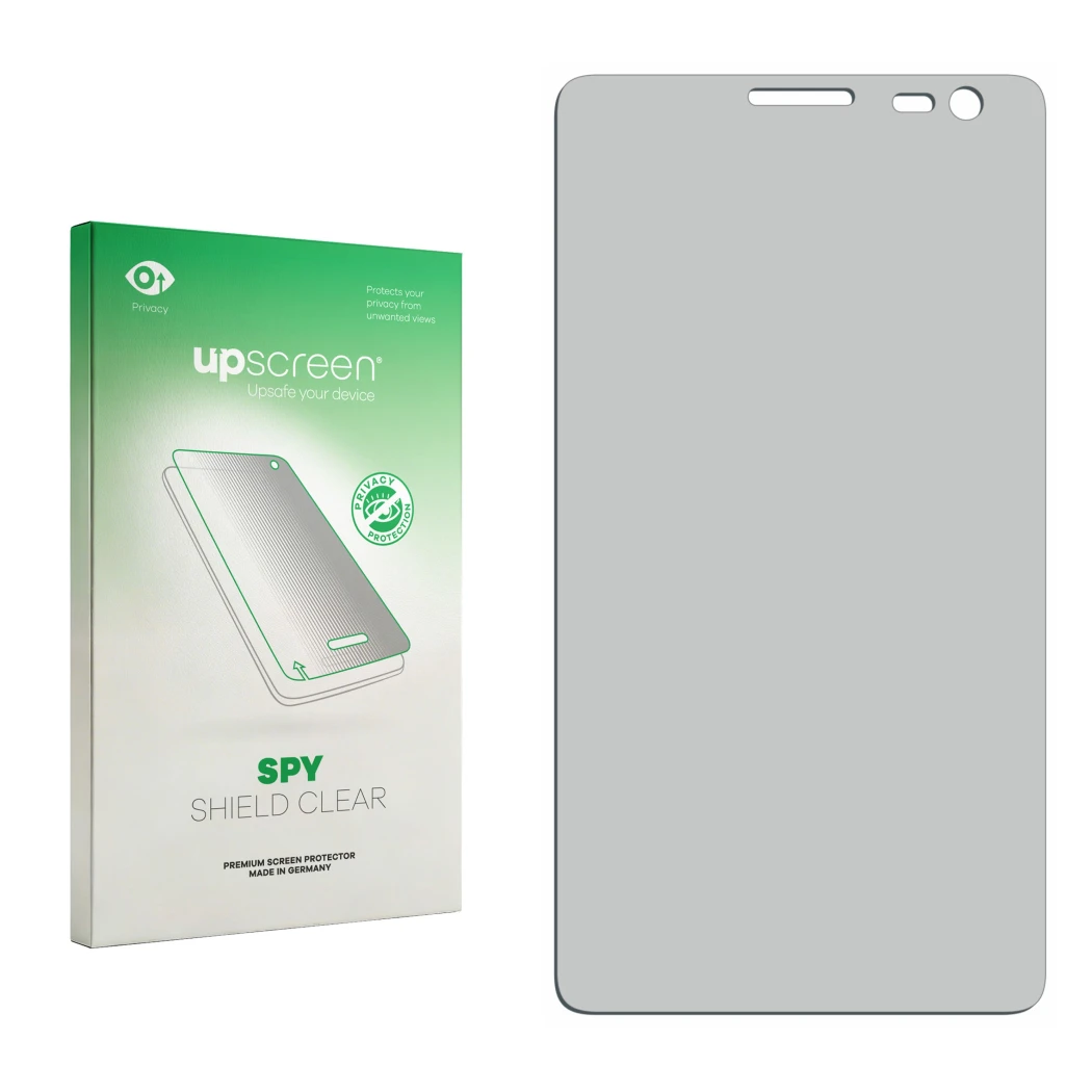 Parte frontal de un envase de producto con el logotipo de la marca upscreen. Al lado está el protector de pantalla correspondi
