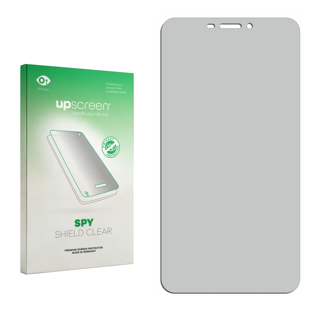 Parte frontal de un envase de producto con el logotipo de la marca upscreen. Al lado está el protector de pantalla correspondi