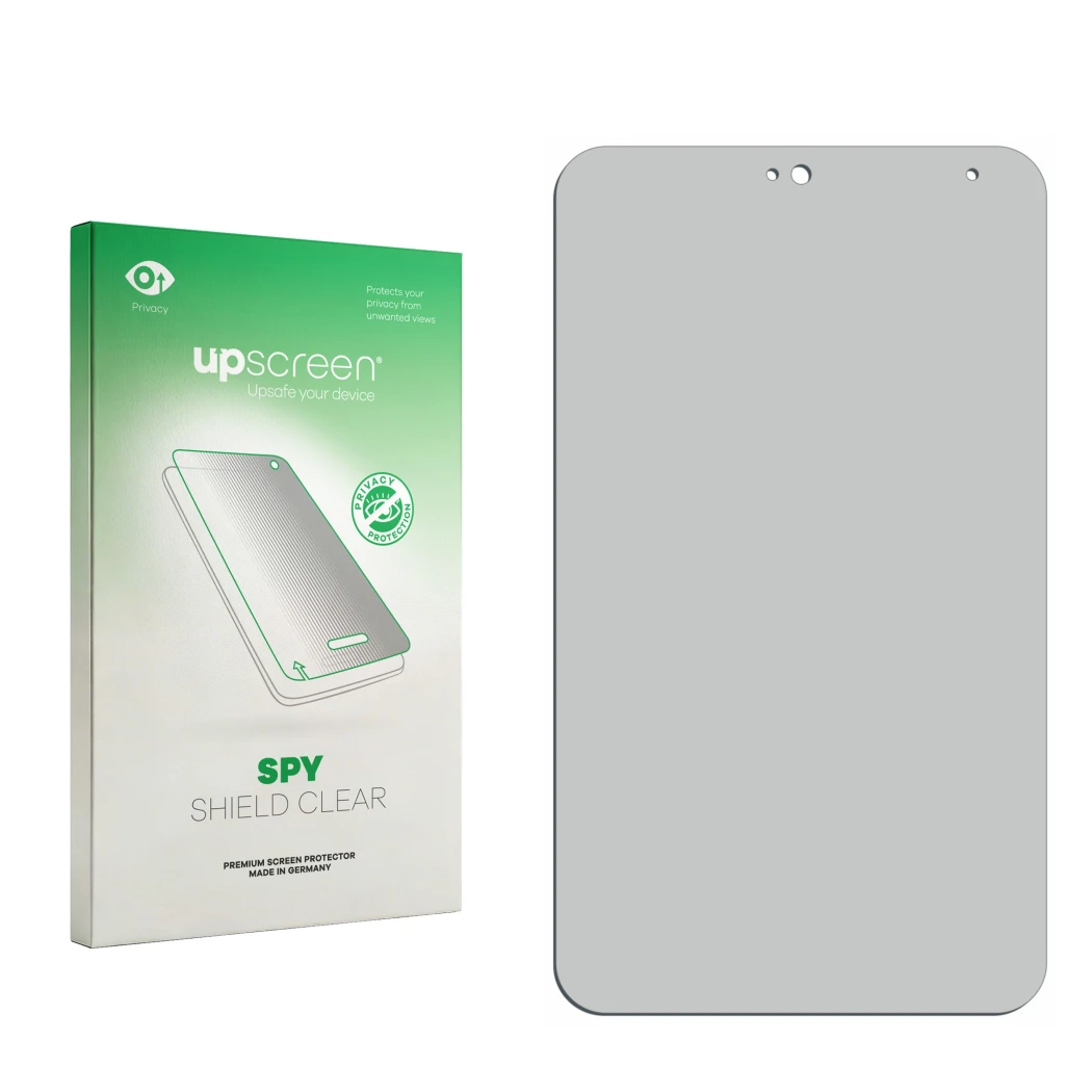 Parte frontal de un envase de producto con el logotipo de la marca upscreen. Al lado está el protector de pantalla correspondi