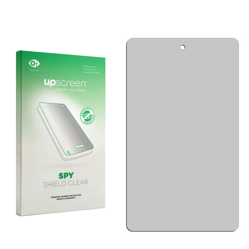 Parte frontal de un envase de producto con el logotipo de la marca upscreen. Al lado está el protector de pantalla correspondi