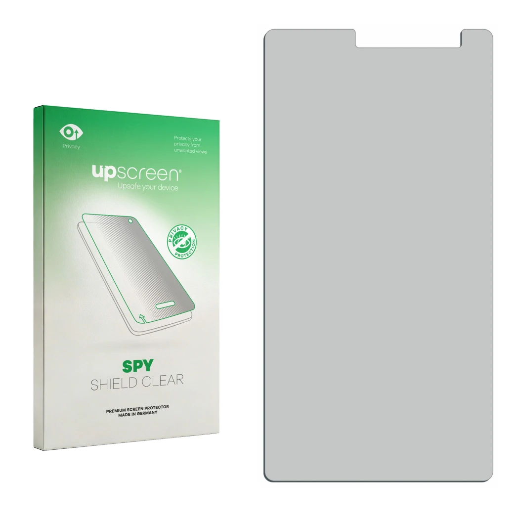 Parte frontal de un envase de producto con el logotipo de la marca upscreen. Al lado está el protector de pantalla correspondi