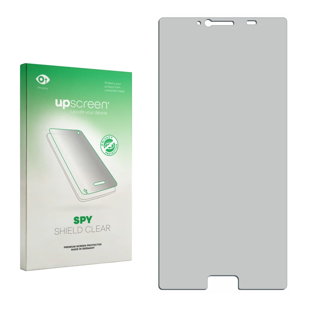 Parte frontal de un envase de producto con el logotipo de la marca upscreen. Al lado está el protector de pantalla correspondi