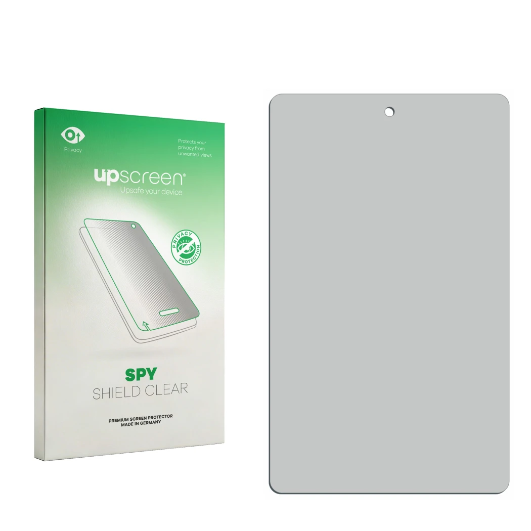 Parte frontal de un envase de producto con el logotipo de la marca upscreen. Al lado está el protector de pantalla correspondi