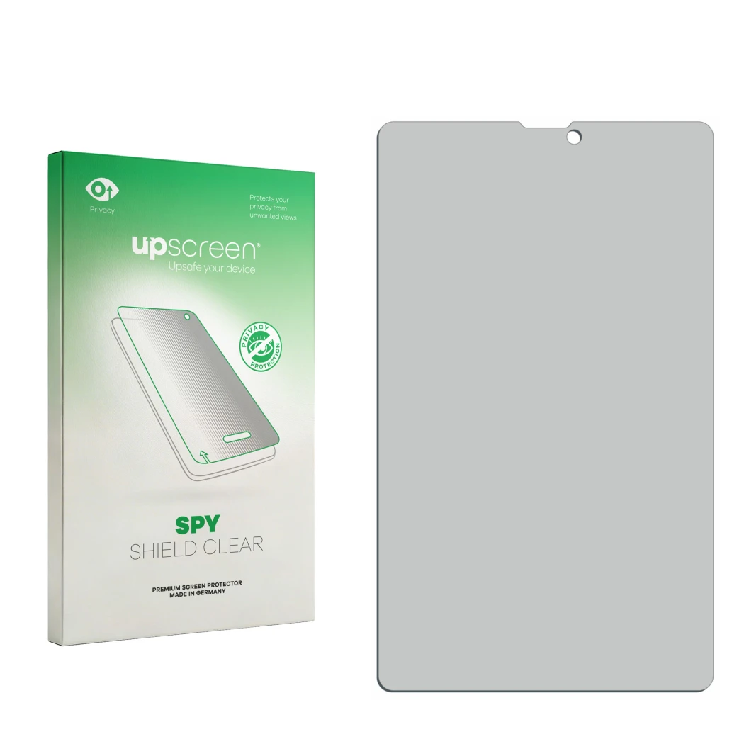 Parte frontal de un envase de producto con el logotipo de la marca upscreen. Al lado está el protector de pantalla correspondi
