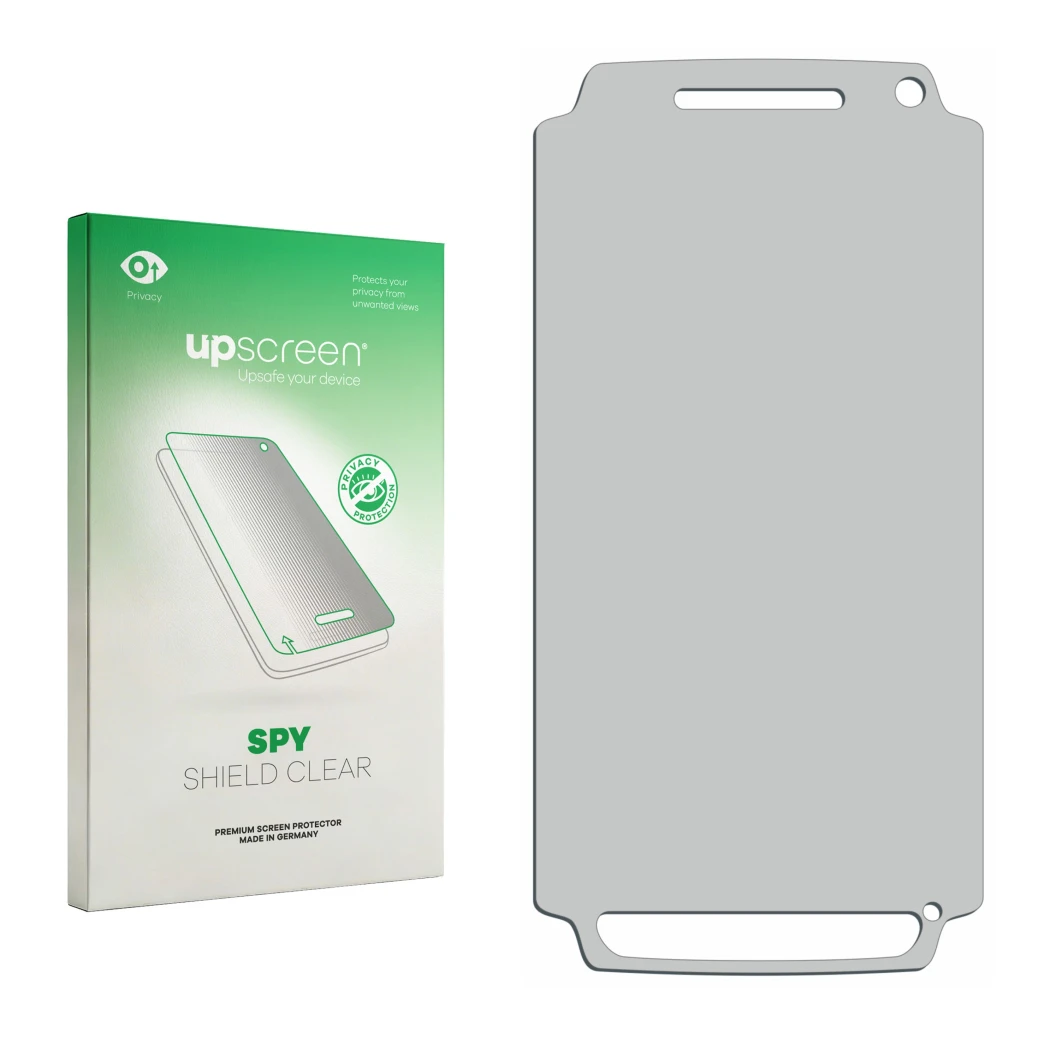 Parte frontal de un envase de producto con el logotipo de la marca upscreen. Al lado está el protector de pantalla correspondi